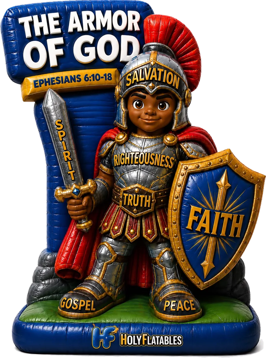 Alternate concept preview of the Armor of God inflatable with a darker-skinned young soldier