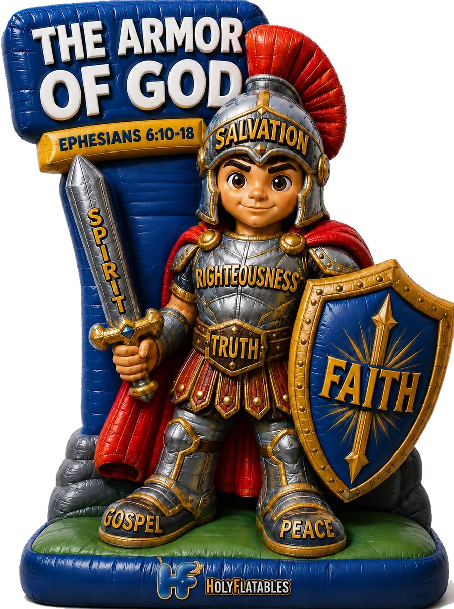 Design preview of the Armor of God inflatable: a young armored soldier holding a sword and a Faith shield, with the words Salvation, Righteousness, Truth, Gospel, Peace and Spirit
