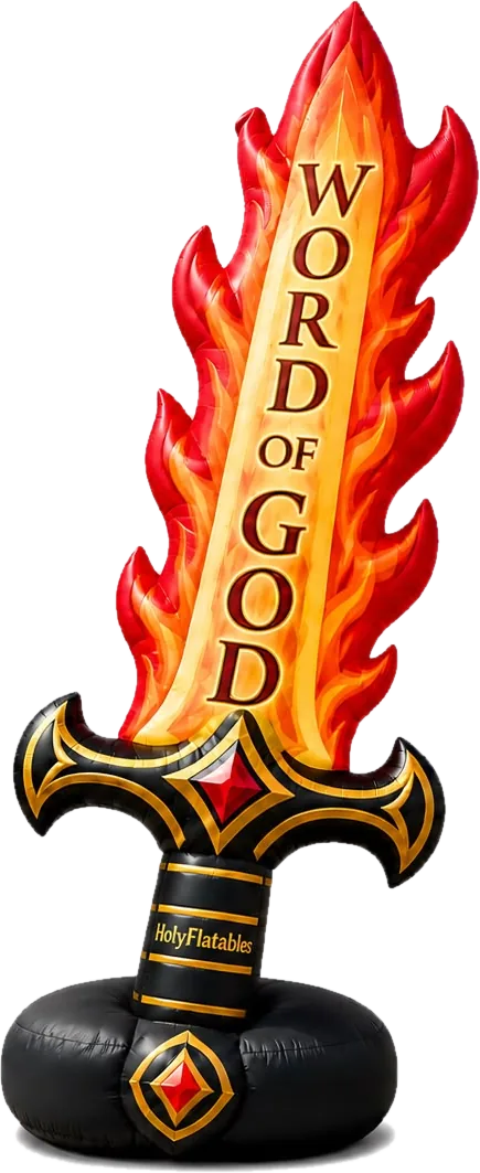 Design preview of the Flaming Sword inflatable, with the words Word of God on the blade
